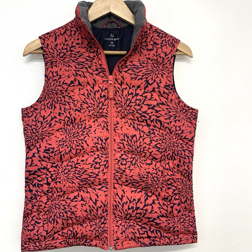Lands End Pink Down Puffer Vest Woman XS Print Packable Pockets Travel Outdoor